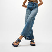 F-MODE GO Adjustable Checkerboard-Denim Toe-Post Sandals