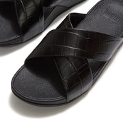 LULU Crocodile Slides - All Black