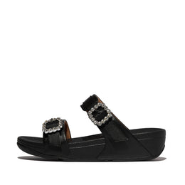 LULU Crystal-Buckle Leather Slides - All Black