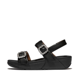 LULU Crystal-Buckle Leather Back-Strap Sandals - All Black