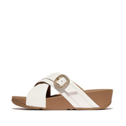 LULU Crystal-Buckle Leather Cross Slides
