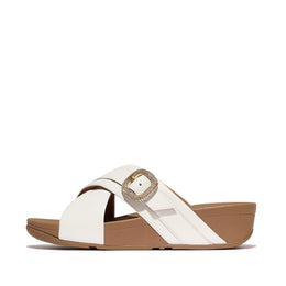 LULU Crystal-Buckle Leather Cross Slides