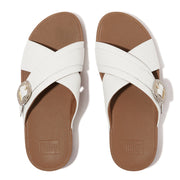 LULU Crystal-Buckle Leather Cross Slides