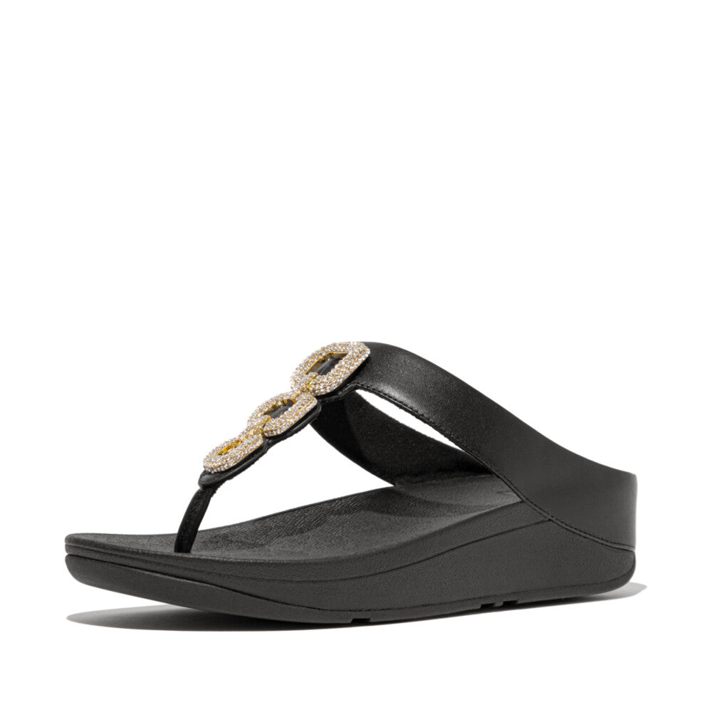 FitFlop FINO Crystal-Chain Leather Toe-Post Sandals - Black (HX2-001)| FitFlop Singapore